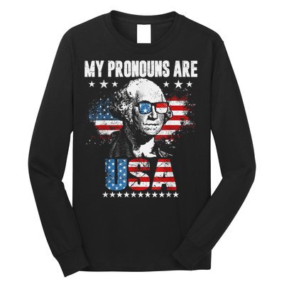 My Pronouns Are USA George Washington 4th Of July US American Flag Long Sleeve Shirt
