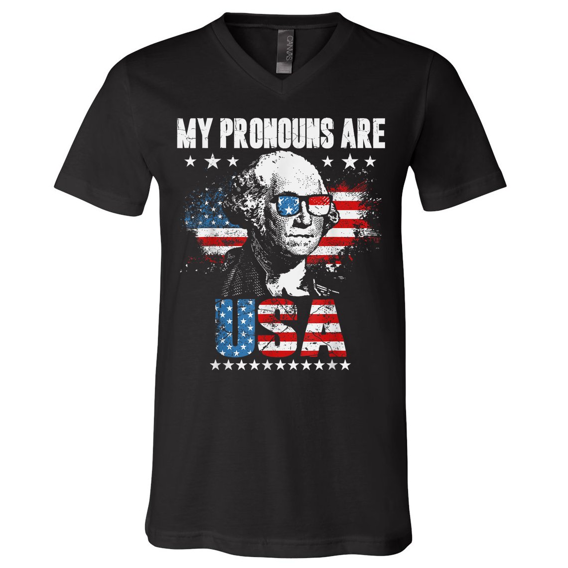 My Pronouns Are USA George Washington 4th Of July US American Flag V-Neck T-Shirt