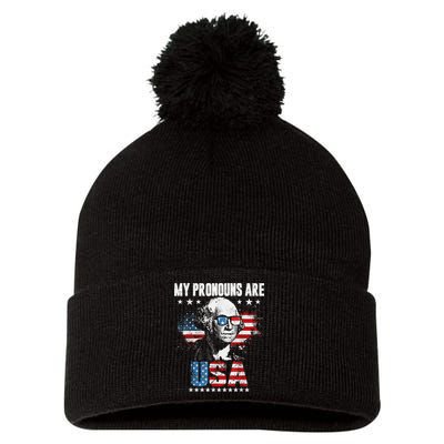 My Pronouns Are USA George Washington 4th Of July US American Flag Pom Pom 12in Knit Beanie