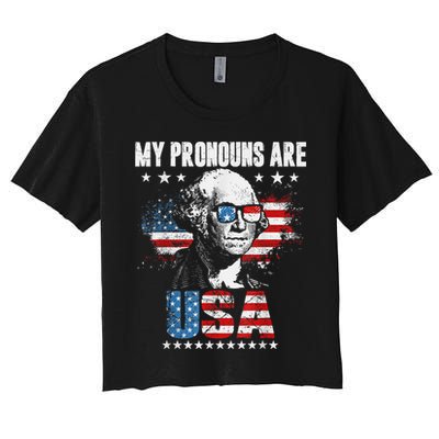 My Pronouns Are USA George Washington 4th Of July US American Flag Crop Top