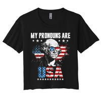 My Pronouns Are USA George Washington 4th Of July US American Flag Women's Crop Top Tee