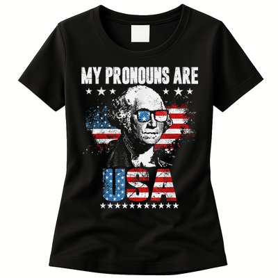 My Pronouns Are USA George Washington 4th Of July US American Flag Womens T-Shirt