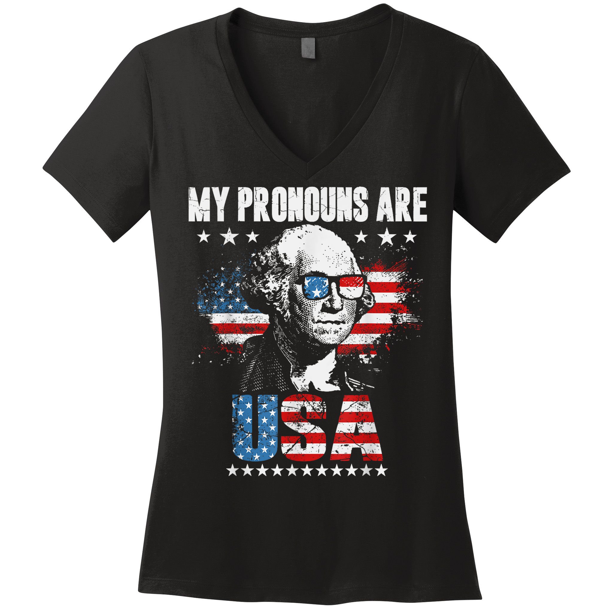 My Pronouns Are USA George Washington 4th Of July US American Flag Women's V-Neck T-Shirt