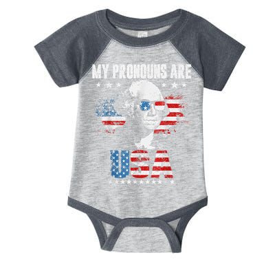 My Pronouns Are USA George Washington 4th Of July US American Flag Infant Baby Jersey Bodysuit