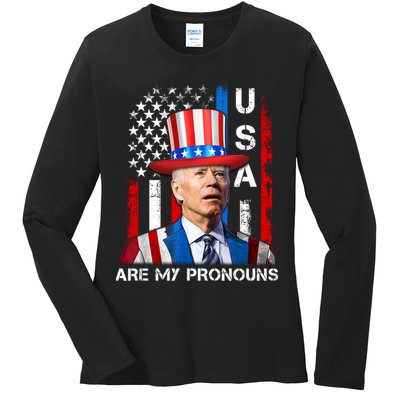 My Pronouns Are USA Joe Biden 4th Of July US American Flag Ladies Long Sleeve Shirt