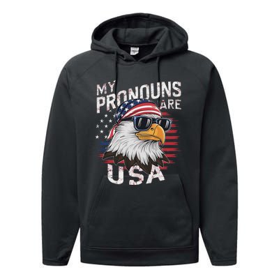 My Pronouns Are Usa Patriotic Eagle Funny 4th Of July Performance Fleece Hoodie