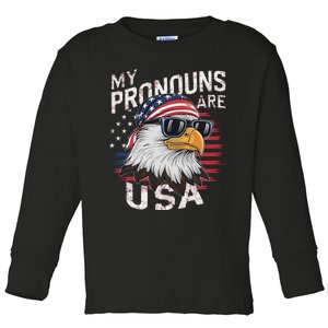 My Pronouns Are Usa Patriotic Eagle Funny 4th Of July Toddler Long Sleeve Shirt