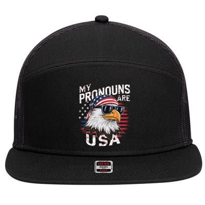 My Pronouns Are Usa Patriotic Eagle Funny 4th Of July 7 Panel Mesh Trucker Snapback Hat