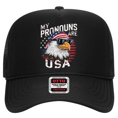 My Pronouns Are Usa Patriotic Eagle Funny 4th Of July High Crown Mesh Back Trucker Hat