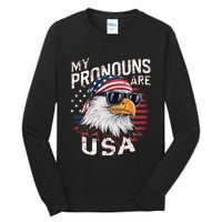 My Pronouns Are Usa Patriotic Eagle Funny 4th Of July Tall Long Sleeve T-Shirt