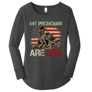 My Pronouns Are Usa 4th Of July American Flag Tie Dye Women's Perfect Tri Tunic Long Sleeve Shirt