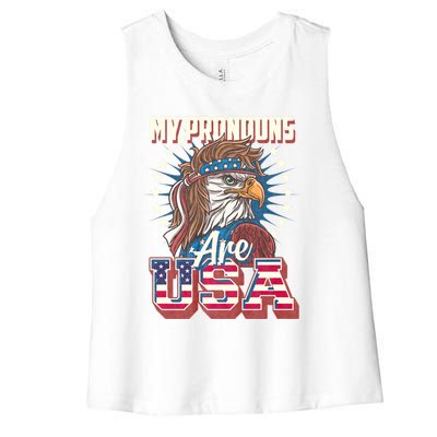 My Pronouns Are Usa Funny American Saying Women's Racerback Cropped Tank