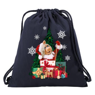 Miss Piggy Around The Christmas Tree Miss Piggy Christmas Tree Drawstring Bag