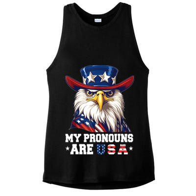 My Pronouns Are USA Funny Eagle 4th Of July American Ladies PosiCharge Tri-Blend Wicking Tank