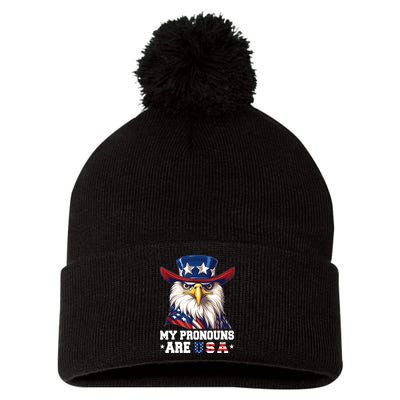My Pronouns Are USA Funny Eagle 4th Of July American Pom Pom 12in Knit Beanie