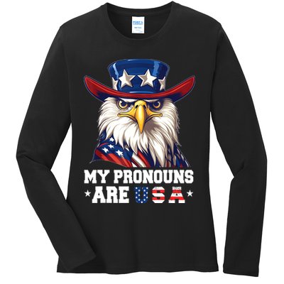 My Pronouns Are USA Funny Eagle 4th Of July American Ladies Long Sleeve Shirt