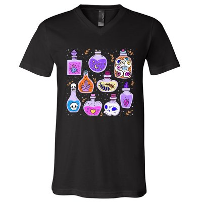 Magical Potions Bottles Witchy Halloween Print V-Neck T-Shirt