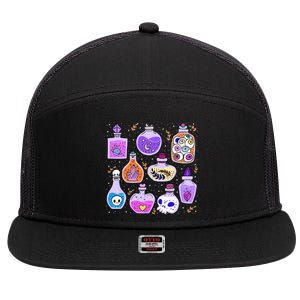 Magical Potions Bottles Witchy Halloween Print 7 Panel Mesh Trucker Snapback Hat