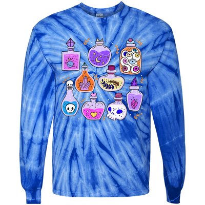 Magical Potions Bottles Witchy Halloween Print Tie-Dye Long Sleeve Shirt