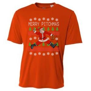 Merry Pitchmas Baseball Pitcher Funny Santa Christmas Gift Cooling Performance Crew T-Shirt