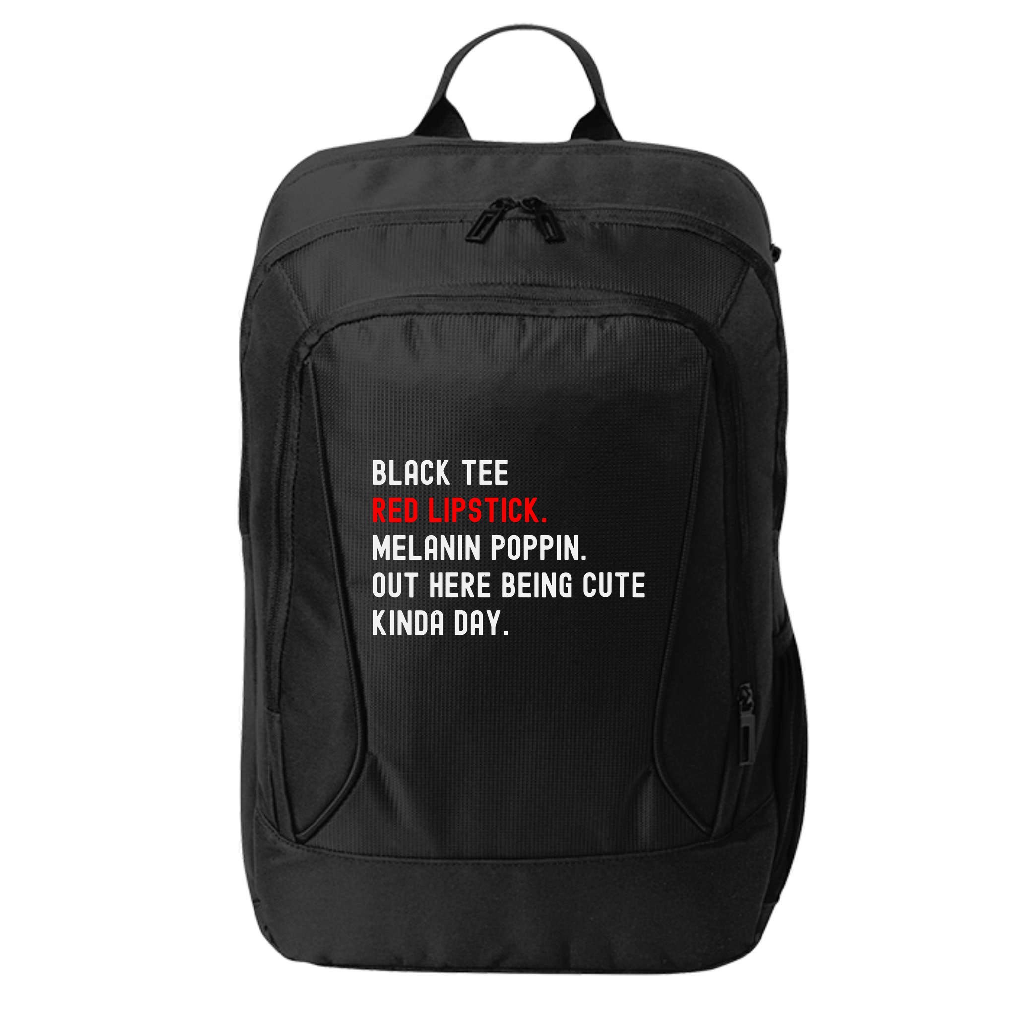 Melanin Poppin Black Print Red Lipstick Saying City Backpack