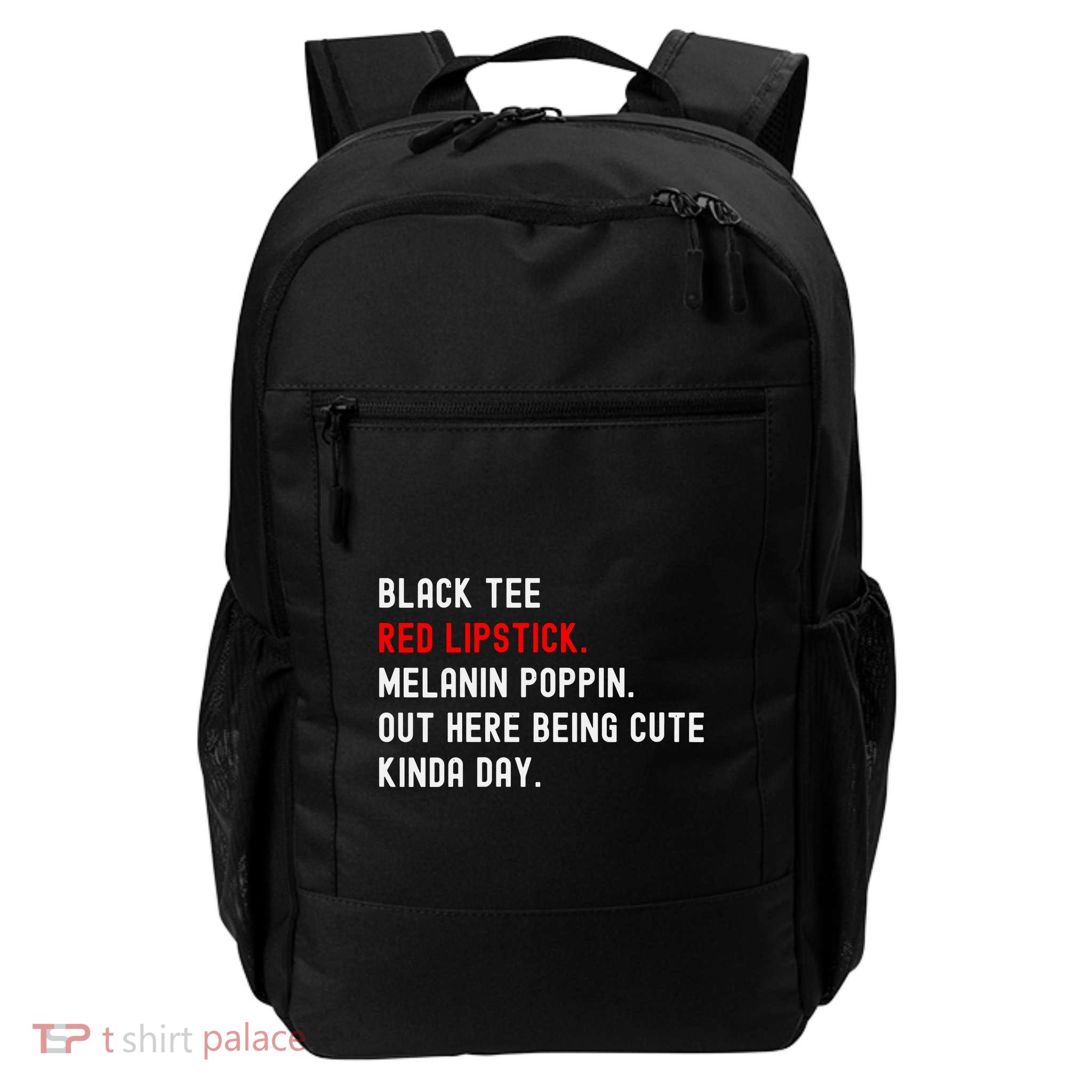 Melanin Poppin Black Print Red Lipstick Saying Backpack