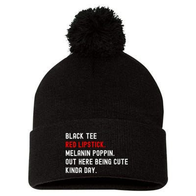 Melanin Poppin Black Print Red Lipstick Saying Pom Pom 12in Knit Beanie
