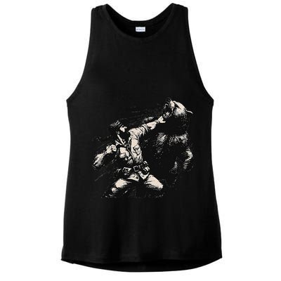 Man Punching Bear Funny Retro Vintage Hunting Ladies PosiCharge Tri-Blend Wicking Tank