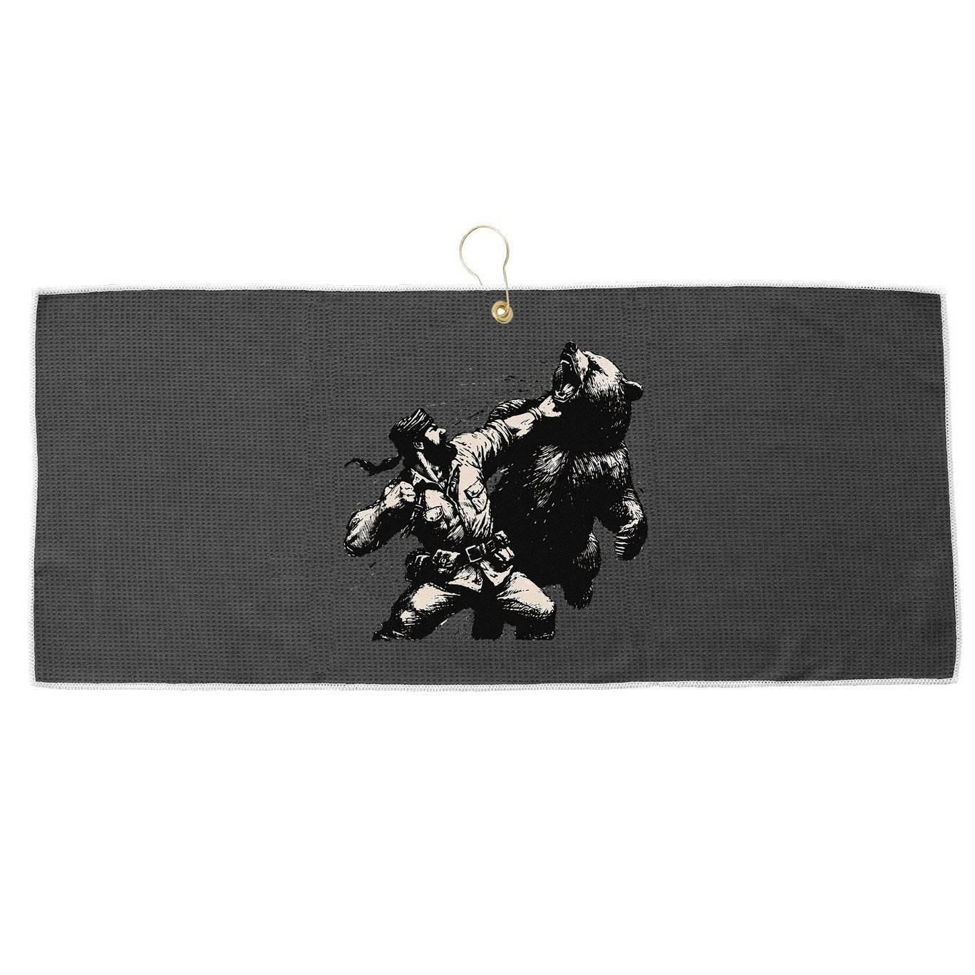 Man Punching Bear Funny Retro Vintage Hunting Large Microfiber Waffle Golf Towel