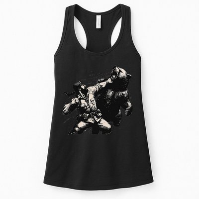 Man Punching Bear Funny Retro Vintage Hunting Womens Tank Top