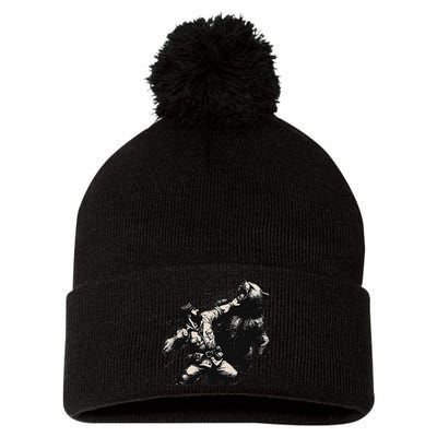 Man Punching Bear Funny Retro Vintage Hunting Pom Pom 12in Knit Beanie
