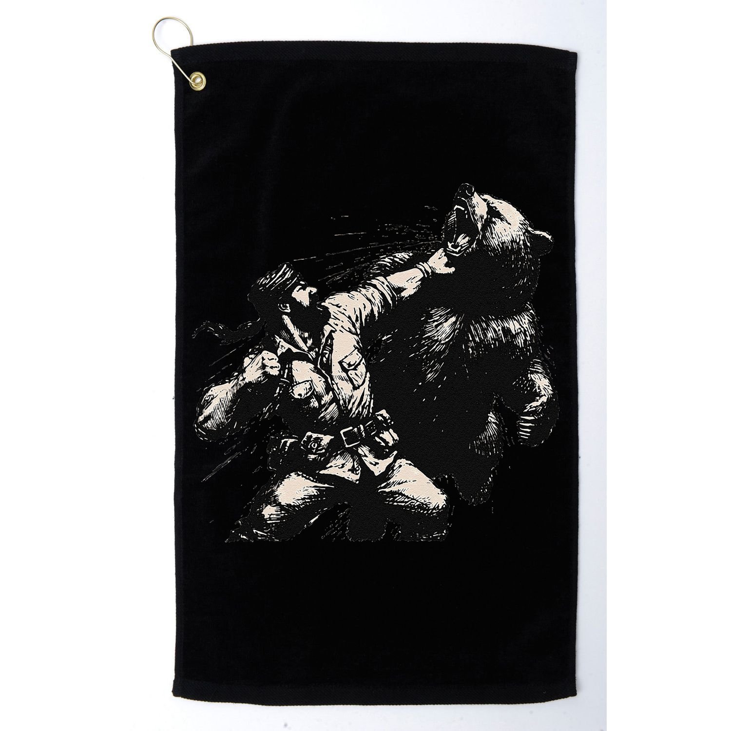 Man Punching Bear Funny Retro Vintage Hunting Golf Towel