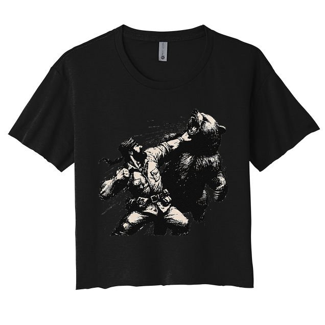 Man Punching Bear Funny Retro Vintage Hunting Crop Top