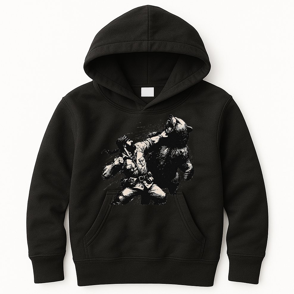 Man Punching Bear Funny Retro Vintage Hunting Kids Hoodie