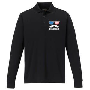 Merica Patriotic Beard Sunglasses 4th Of July Gifts USA Flag Gift Performance Long Sleeve Polo