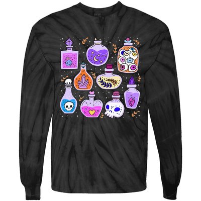 Magical Potions Bottles Witchy Halloween Print Tie-Dye Long Sleeve Shirt