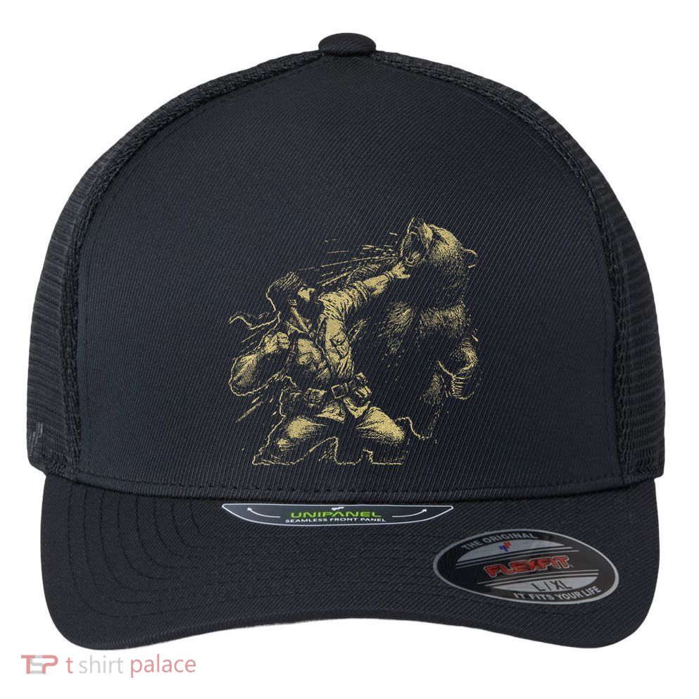 Man Punching Bear Funny Retro Vintage Hunting Flexfit Unipanel Trucker Cap