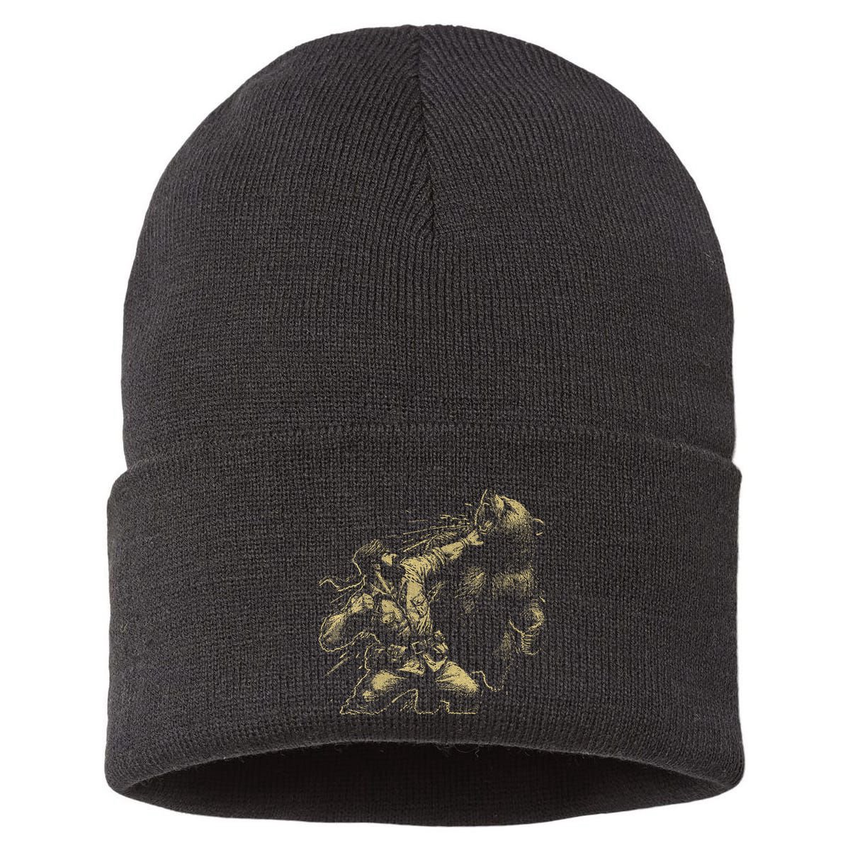 Man Punching Bear Funny Retro Vintage Hunting Sustainable Knit Beanie
