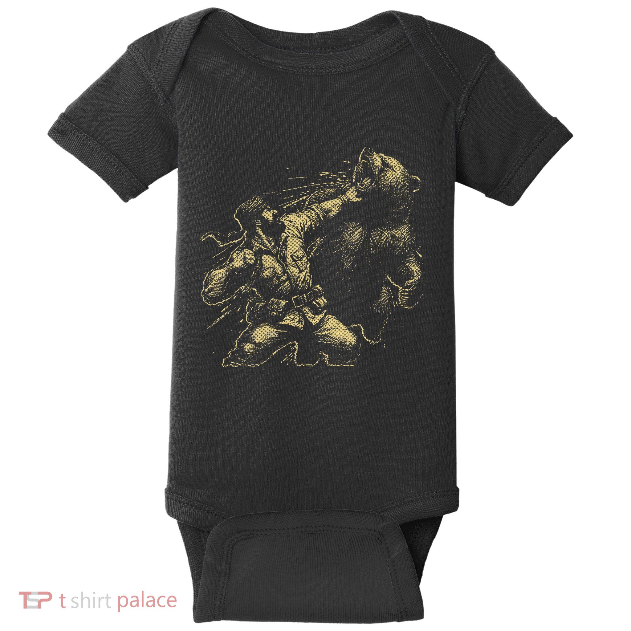 Man Punching Bear Funny Retro Vintage Hunting Baby Bodysuit