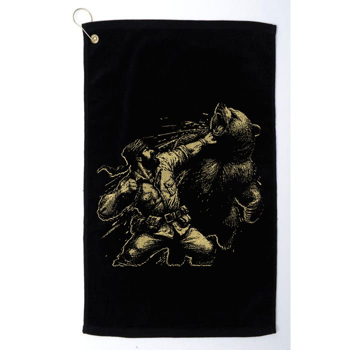 Man Punching Bear Funny Retro Vintage Hunting Golf Towel