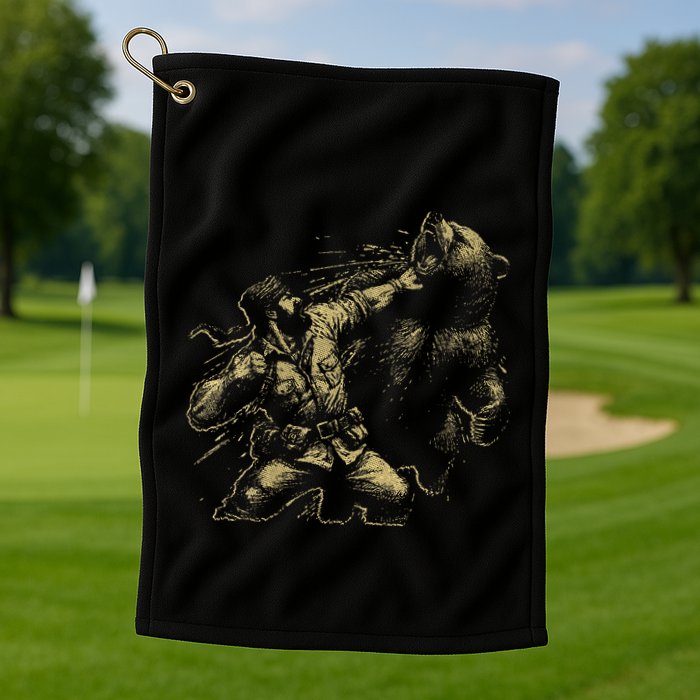 Man Punching Bear Funny Retro Vintage Hunting Golf Towel