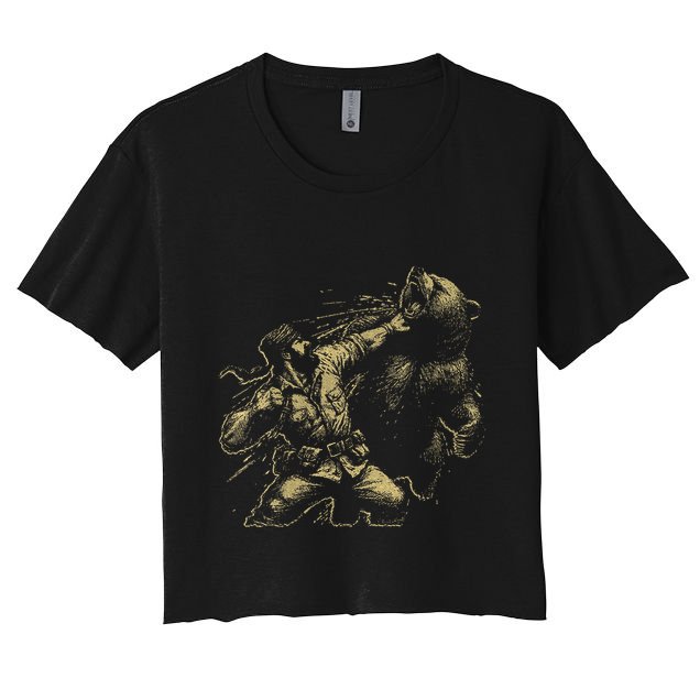 Man Punching Bear Funny Retro Vintage Hunting Crop Top