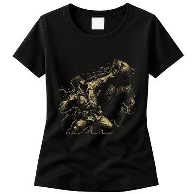 Man Punching Bear Funny Retro Vintage Hunting Womens T-Shirt