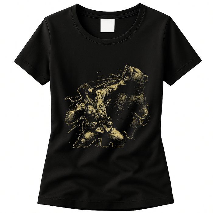 Man Punching Bear Funny Retro Vintage Hunting Womens T-Shirt