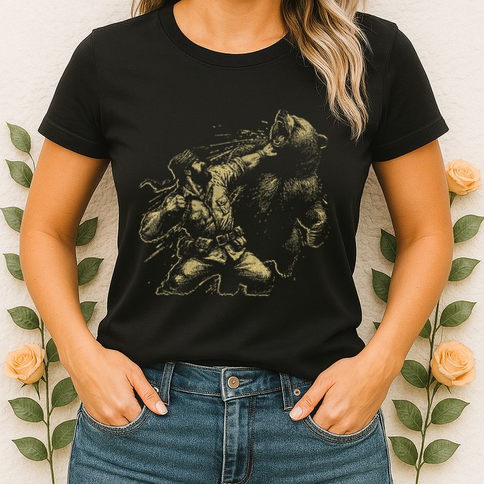 Man Punching Bear Funny Retro Vintage Hunting Womens T-Shirt