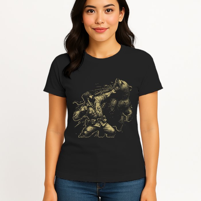 Man Punching Bear Funny Retro Vintage Hunting Womens T-Shirt