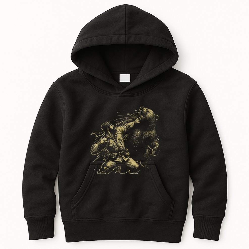Man Punching Bear Funny Retro Vintage Hunting Kids Hoodie