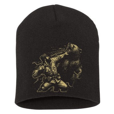 Man Punching Bear Funny Retro Vintage Hunting Short Acrylic Beanie