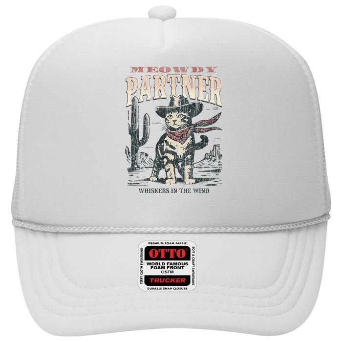 Meowdy Partner Cowboy Cat Vintage High Crown Mesh Back Trucker Hat