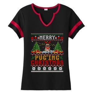 Merry Pugging Christmas Santa Claus Pug Dog Xmas Tree Lights Gift Ladies Halftime Notch Neck Tee